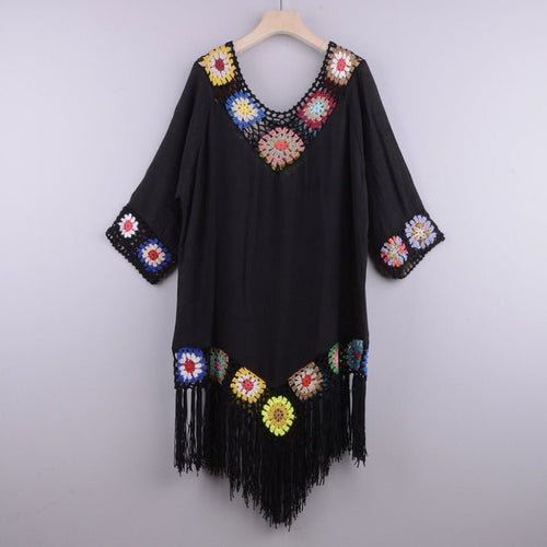 Levoire | Robe à manches trois-quarts en coton brodée avec franges