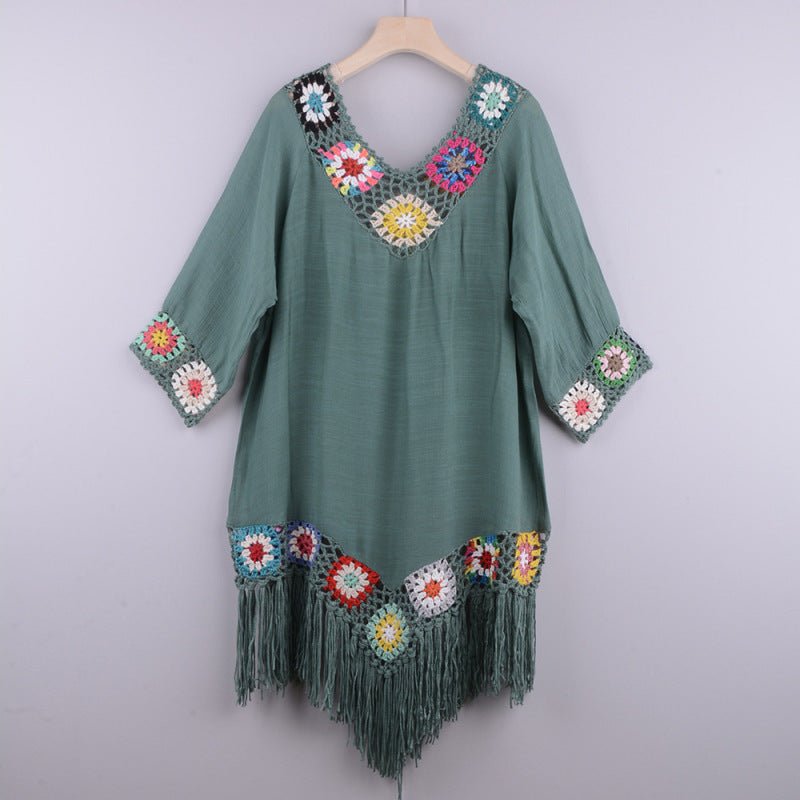 Levoire | Robe à manches trois-quarts en coton brodée avec franges Vert VAPAAT TAILLE