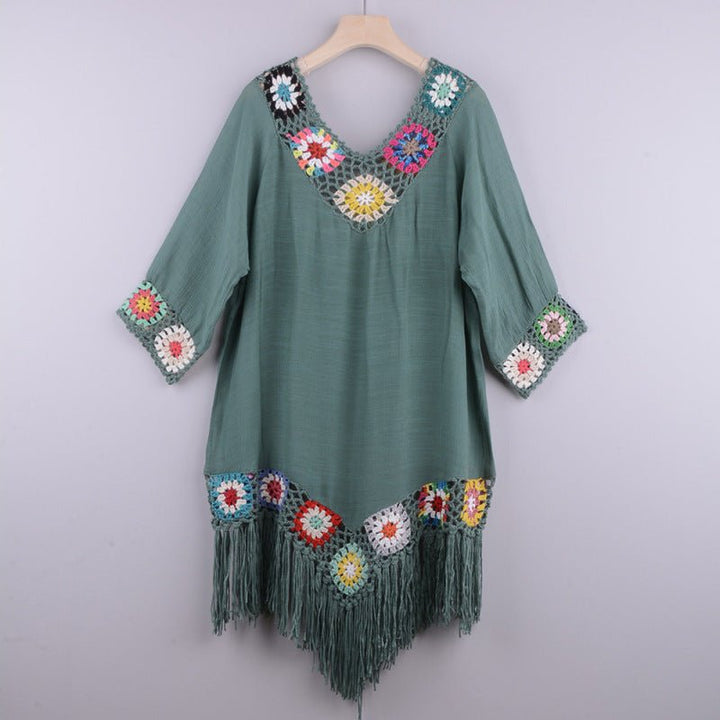 Levoire | Robe à manches trois-quarts en coton brodée avec franges Vert VAPAAT TAILLE