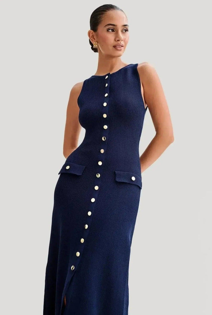 Levoire | Robe Maxi Tricot Sans Manches Femme Ajustée Élégante & Polyvalente Bleu