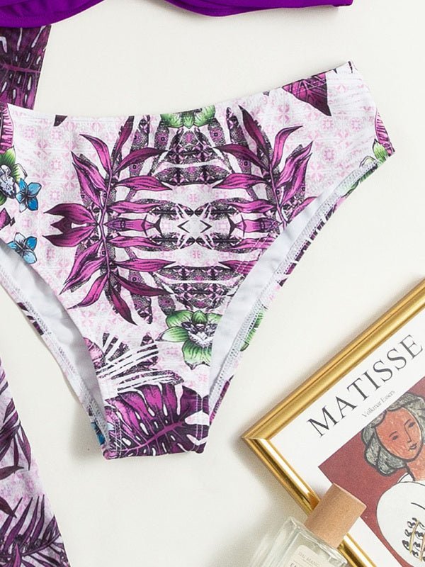 Levoire | Femme Taille haute Imprimé Bikini trois pièces avec couverture en filet et drapé divisé