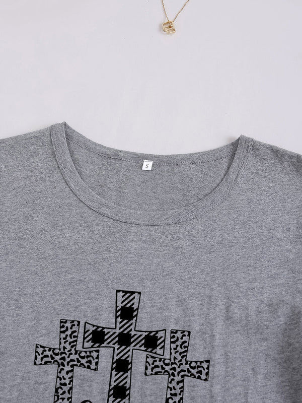 Levoire | Femmes Tricot Col Rond Motif À Carreaux Manches Courtes T-shirt