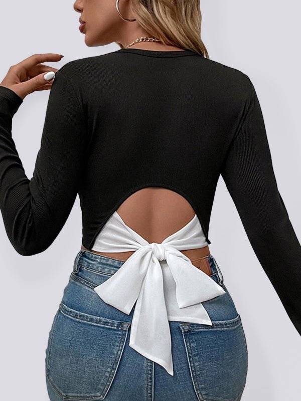 Levoire | Femme Tricot Sexy Taille Ouverte Couleur Contrastée Manches Longues T-shirt Noir