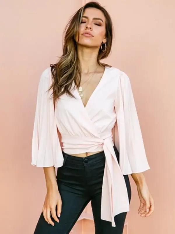 Levoire | Femme à manches longues fine top col V avec manches larges Rosa