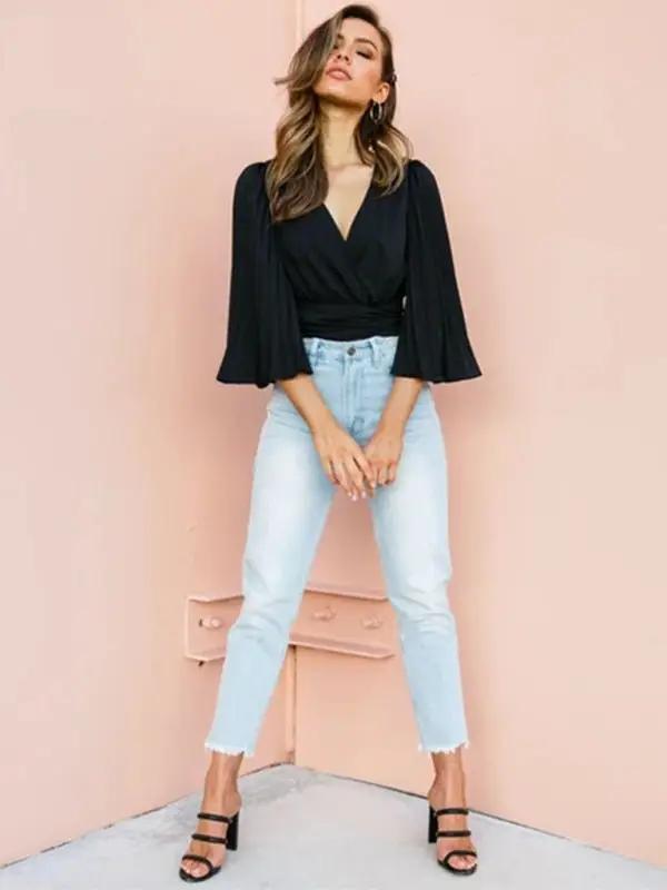 Levoire | Femme à manches longues fine top col V avec manches larges