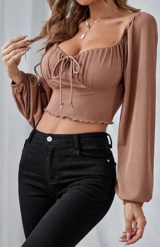 Levoire | Femmes Taille basse Taille de navet Lanternes Manches Corde Sopptop