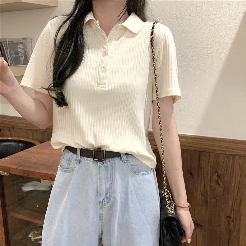 Levoire | Femme Polo à manches courtes en maille côtelée avec large col et boutons Rohvit crème blanc