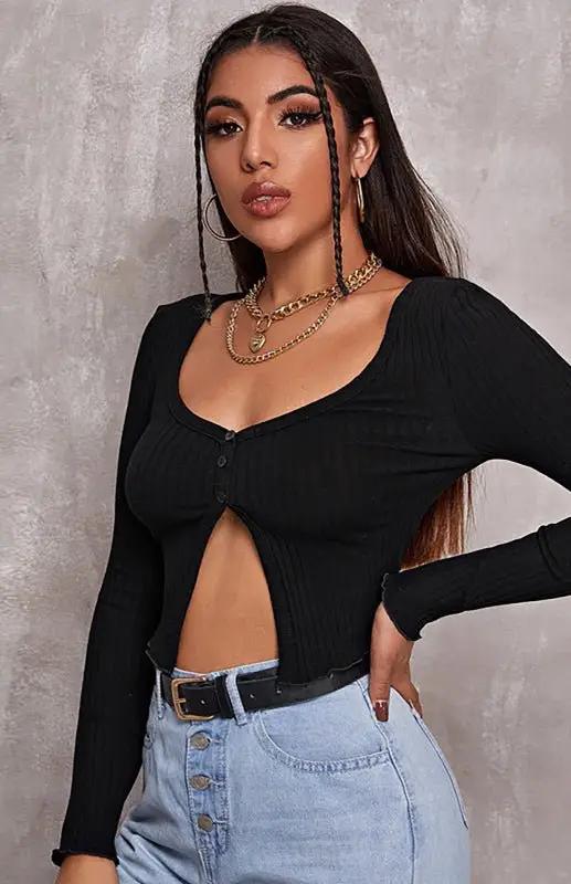 Levoire | Femmes Sexy Bouton Crop Longue Manche top Noir