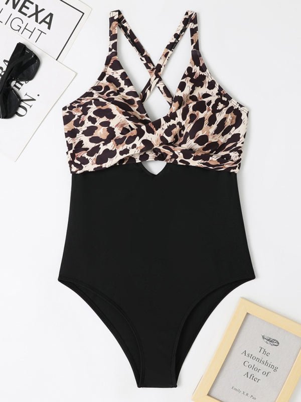 Levoire | Femme Sexy Monokini Imprimé Léopard Croisé Dos Découpé Croisé Bouton Papillon Monokini
