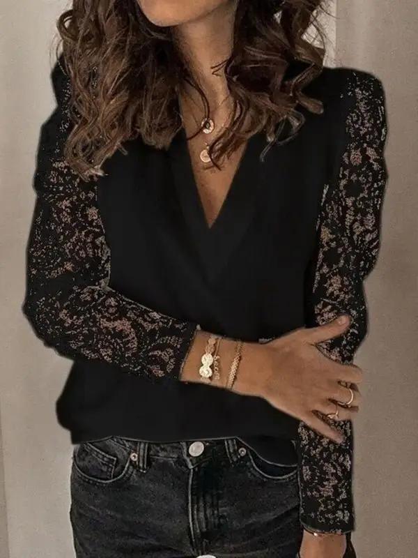 Levoire | Femmes unies avec dentelle Manches longues Col en V Pull Noir