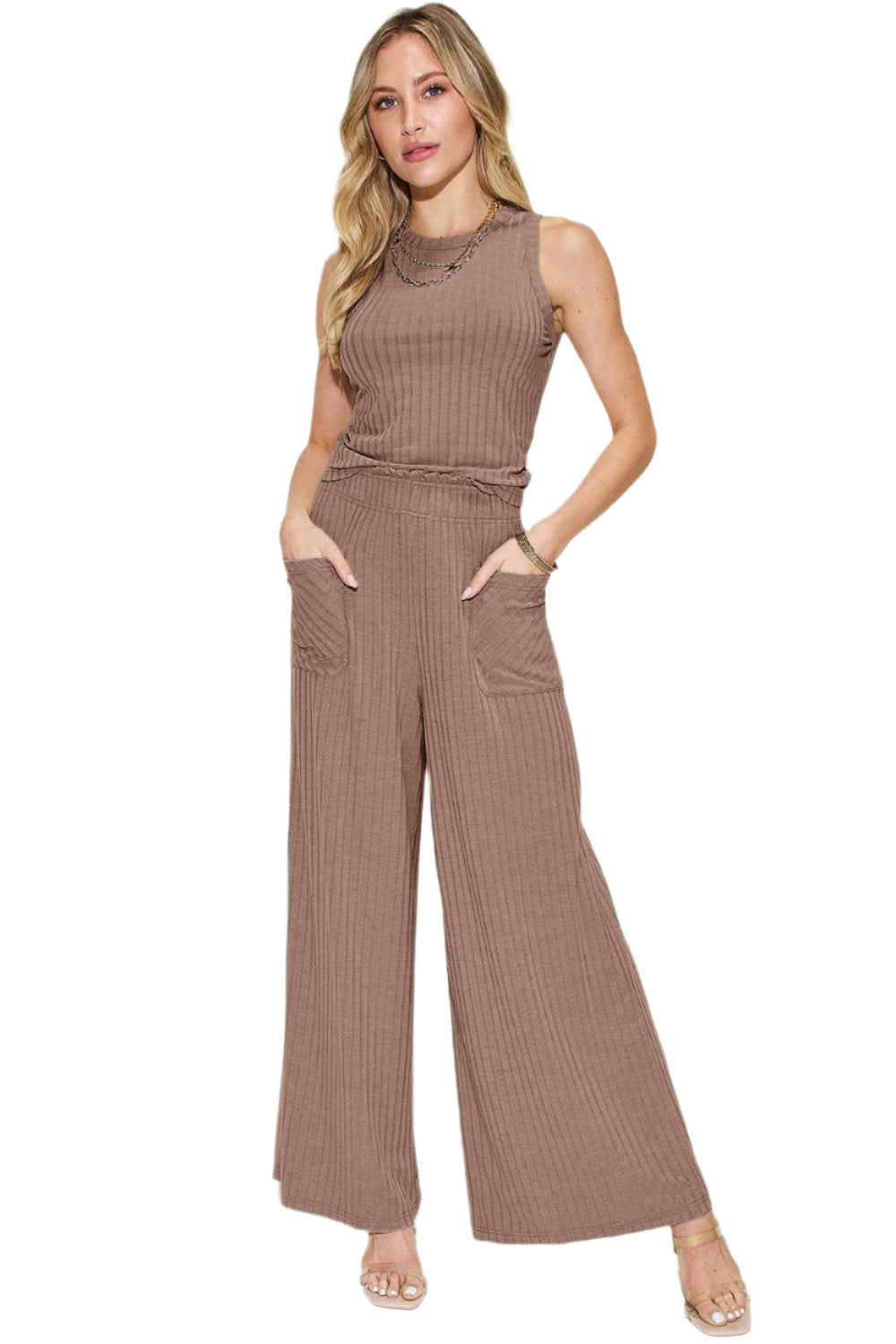 Levoire | Femmes Tendance Stretch Ripp Haut & Pantalon Large Ensemble Moka