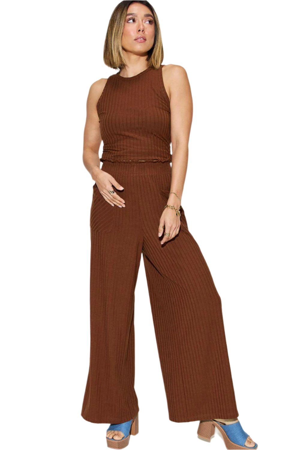 Levoire | Femmes Tendance Stretch Ripp Haut & Pantalon Large Ensemble Marron foncé