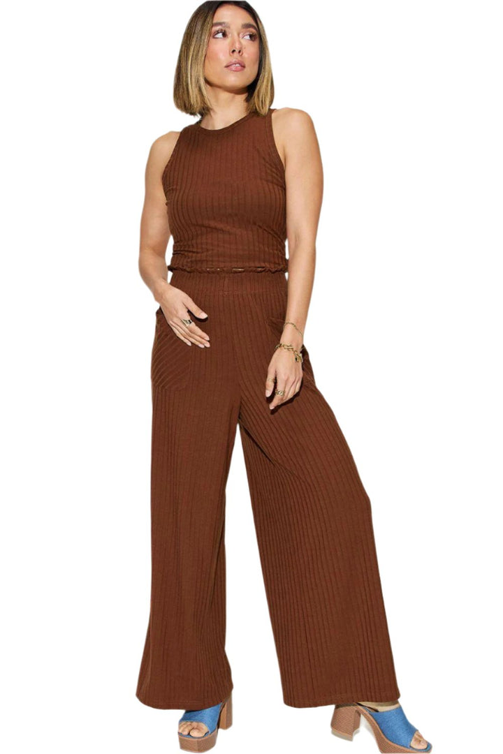 Levoire | Femmes Tendance Stretch Ripp Haut & Pantalon Large Ensemble Marron foncé