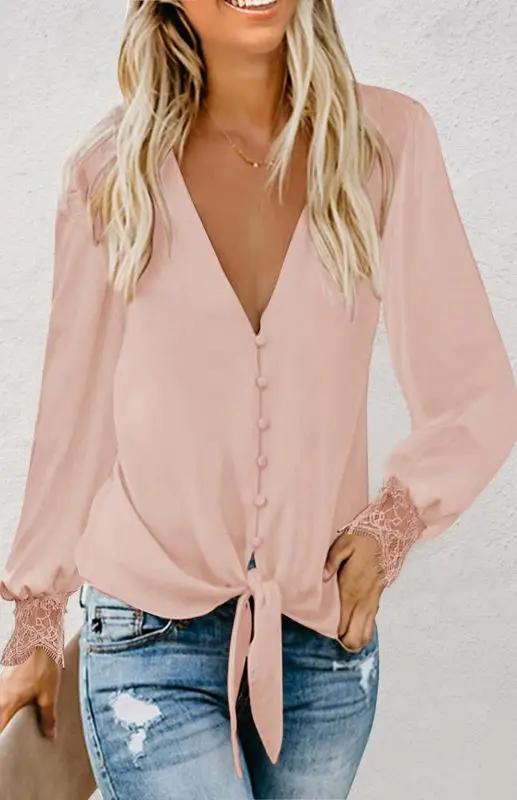 Levoire | Femme V-Décolleté Dentelle Rapiéçage Uni Band Loose Manches Longues Chemisier Rosa