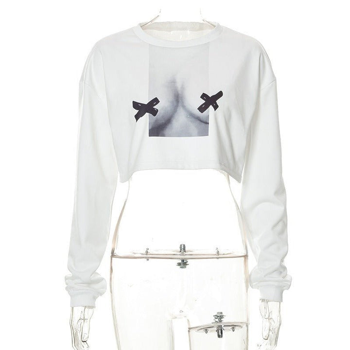 Levoire | Vêtements pour dames Automne Nouveau Imprimé Abstrait Manches Longues Sweatshirt Courte Rue Épice Fille Sweatshirt
