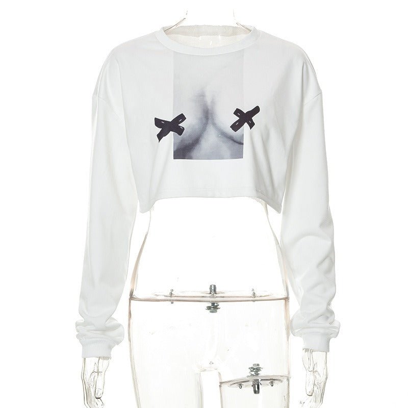 Levoire | Vêtements pour dames Automne Nouveau Imprimé Abstrait Manches Longues Sweatshirt Courte Rue Épice Fille Sweatshirt Blanc
