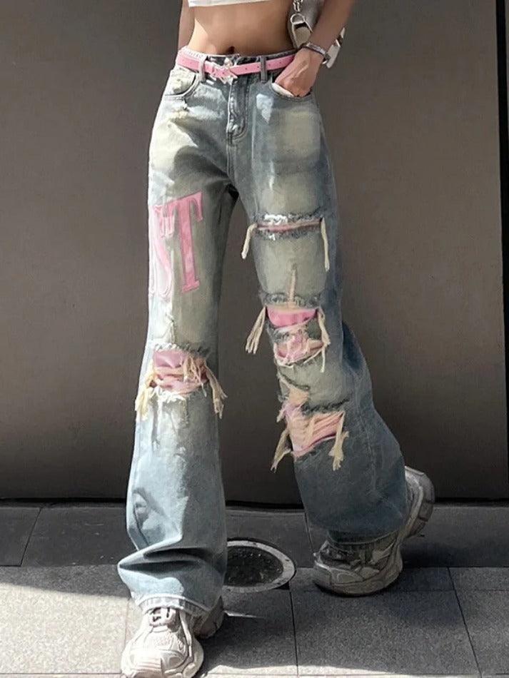Levoire | Y2K Jean Boyfriend Rose Écorché Brodé