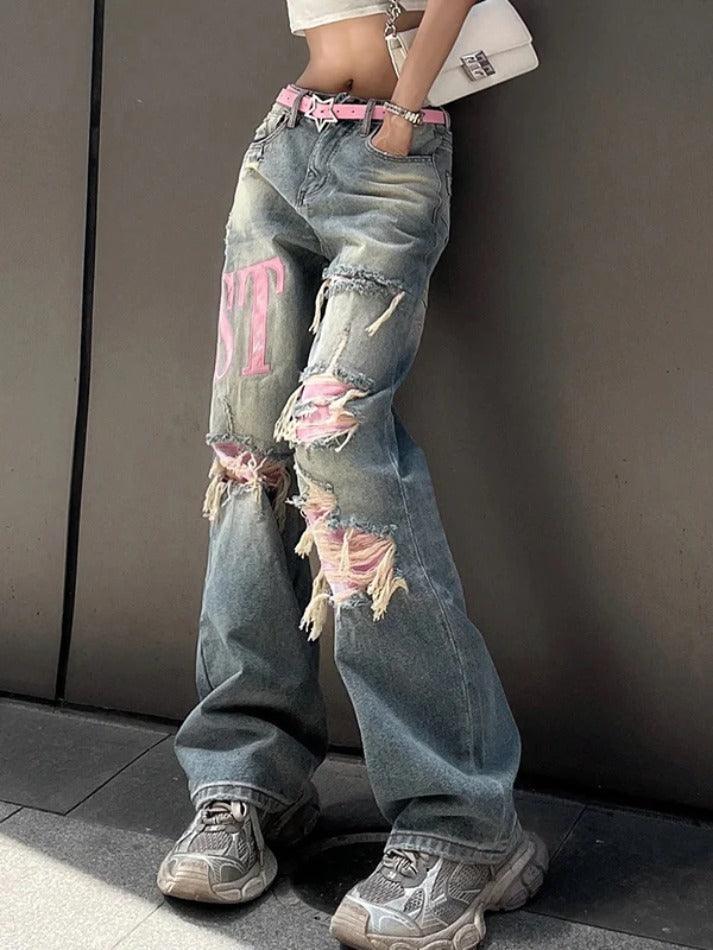 Levoire | Y2K Jean Boyfriend Rose Écorché Brodé Bleu